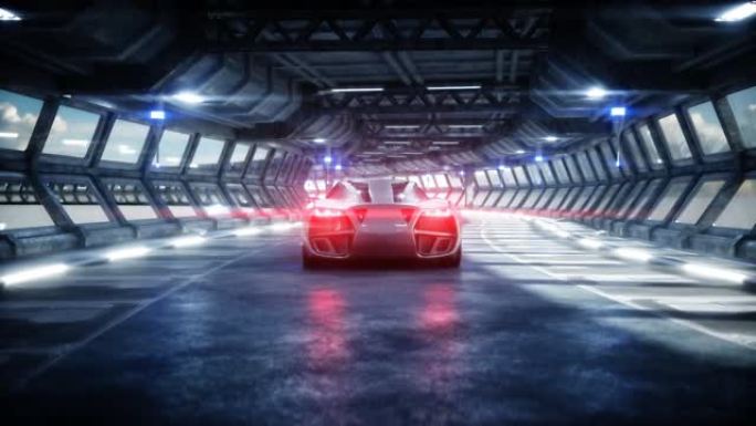 科里多科幻隧道中的未来派汽车。未来的概念。逼真的4k动画。