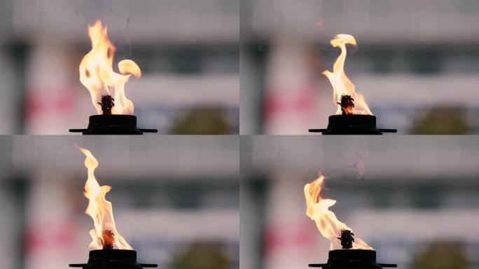 在罗马尼亚布加勒斯特的战争纪念碑上，用石油点燃的永恒火焰详细信息。