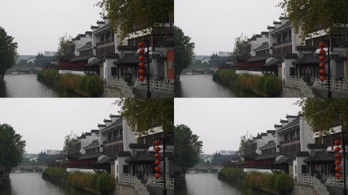 雨天南京市老城区著名的河边海湾慢动作全景4k中国