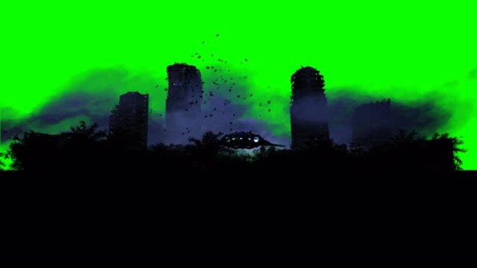 雾中的启示录城市。被摧毁城市的鸟瞰图。启示录概念。逼真的4k动画。