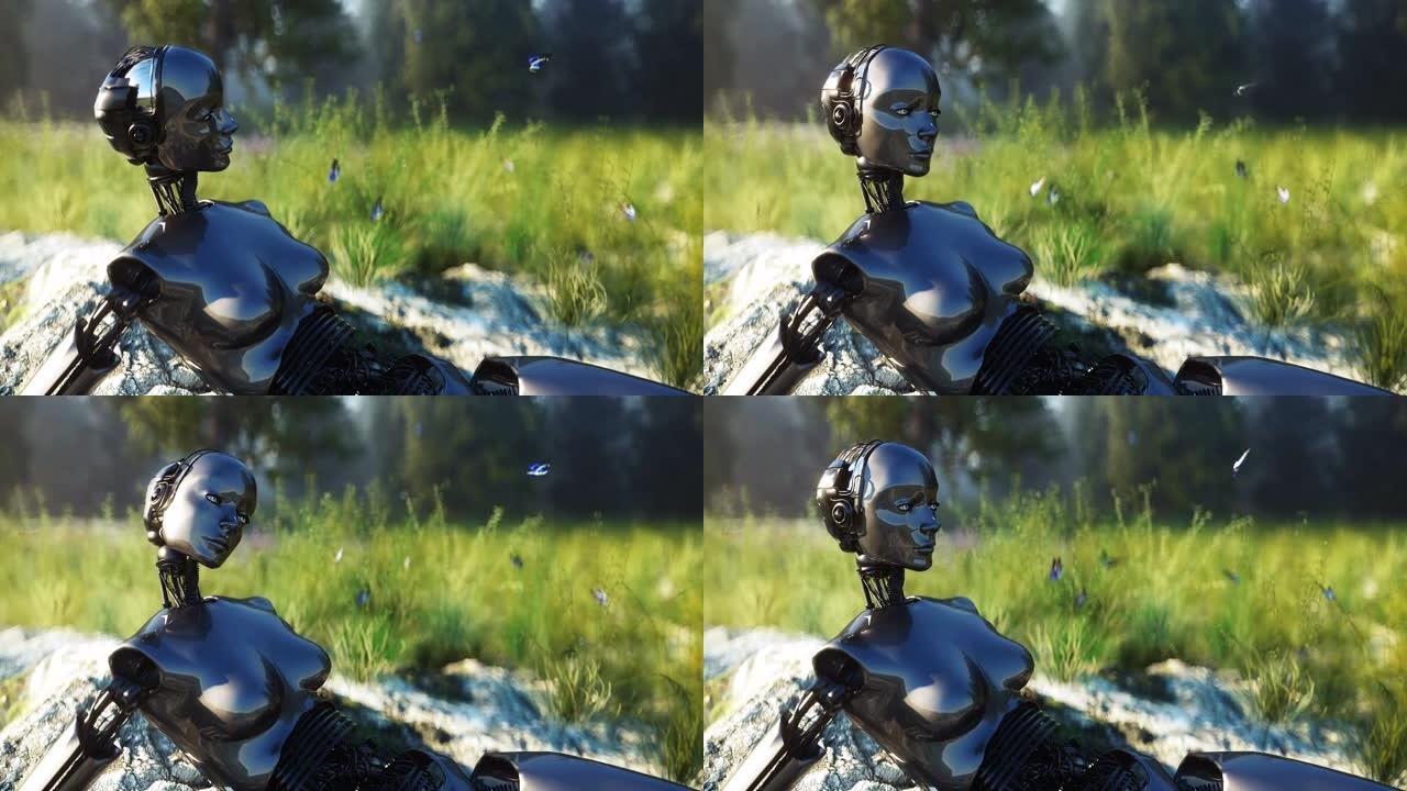 女性未来机器人闲置在森林中。未来的概念。逼真的4k动画。