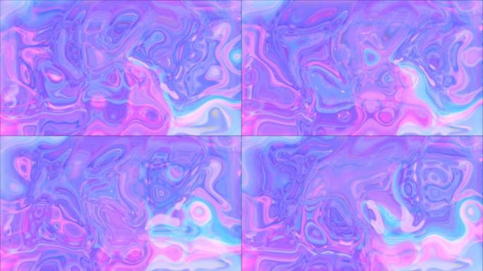 4k抽象蓝色粉色液体油漆动画。纹理，波浪，彩色，全息，油，水彩，大理石，背景。