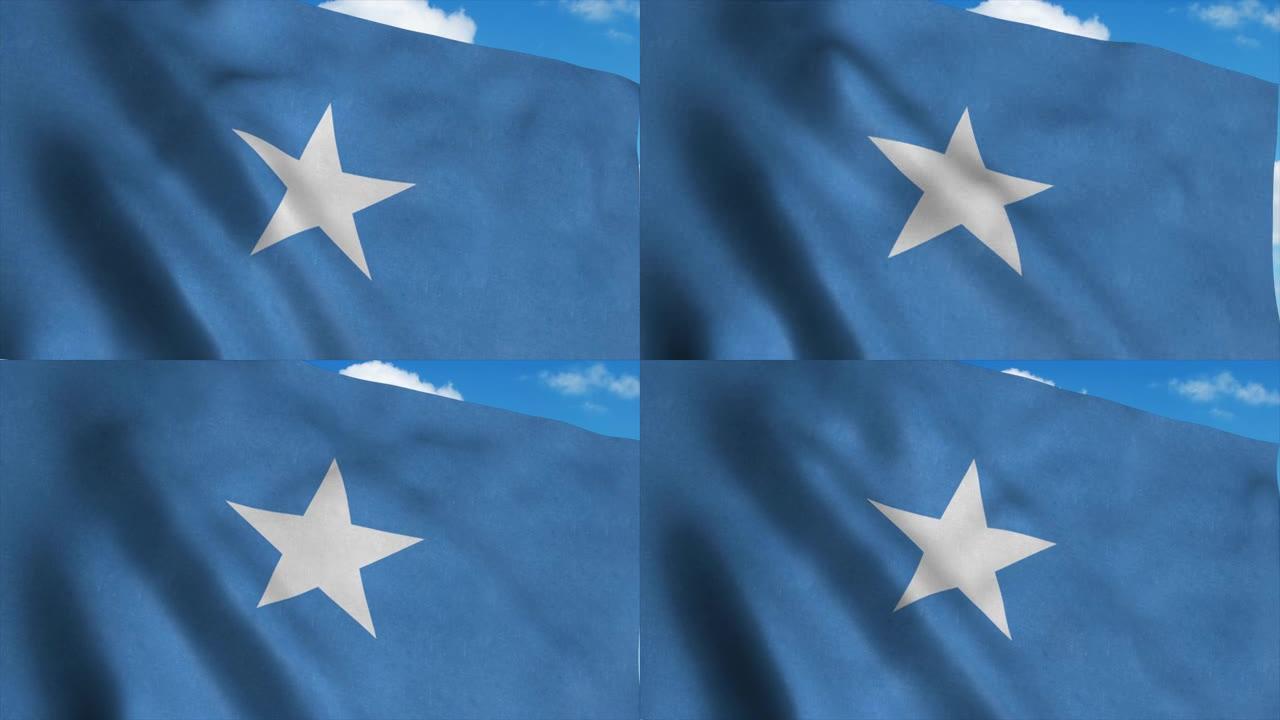 索马里国旗在风中飘扬，蓝天为背景。4 k