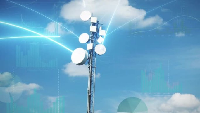 绿色草地上的蜂窝网络信号塔发出数据。5g未来电信，二进制数据