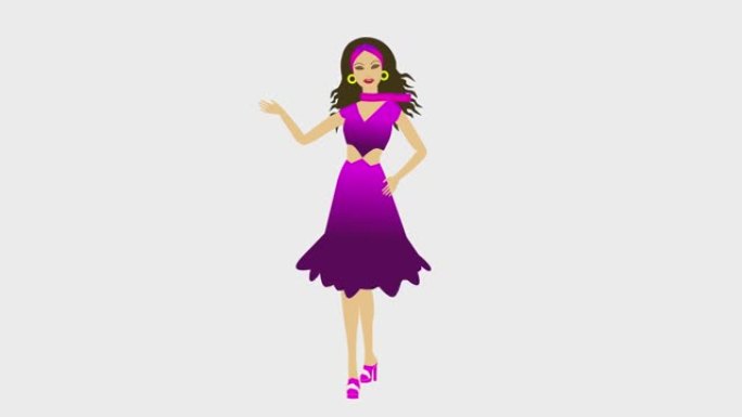 穿紫色连衣裙的女孩。动画图标。