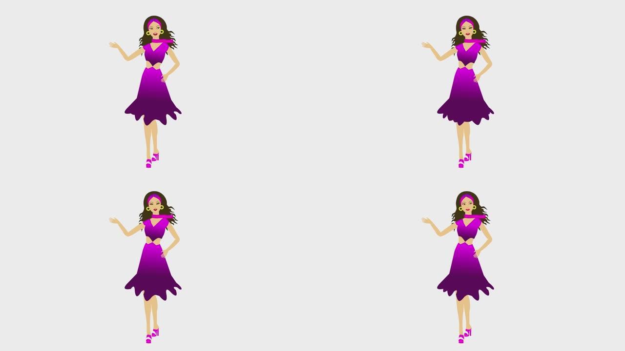 穿紫色连衣裙的女孩。动画图标。