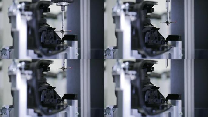 三坐标测量机3D尺寸测量塑料零件的特写，3D自动测量系统，汽车工业概念，智能工厂