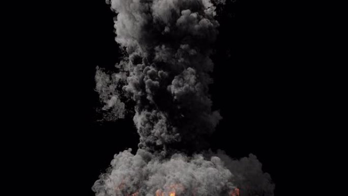 带有大量黑烟的强大燃料火。浓浓的黑烟大火。带有alpha通道的孤立背景上的黑烟大火，燃料爆炸。