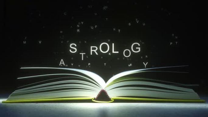 字母从打开的书页上飞出，形成占星术文本。3D动画
