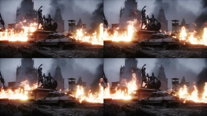 俄罗斯启示录。烧毁了莫斯科市。世界末日景观。逼真的火灾模拟。4k动画。