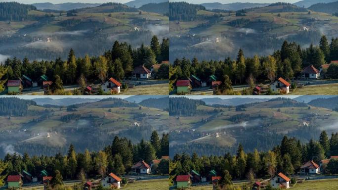 Zlatar上的一个山村，山上的云雾和4 k分辨率时间流逝。
