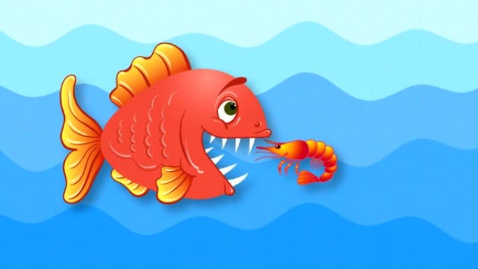 一只脸上带着微笑的红色鱼爬到虾面前吃了它