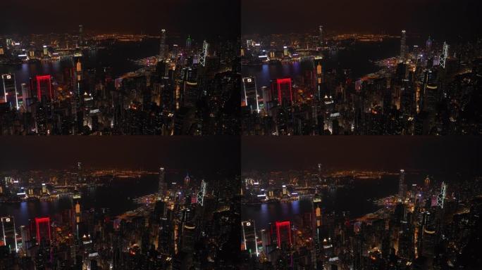 夜间照明香港城市景观维多利亚港市中心空中全景4k