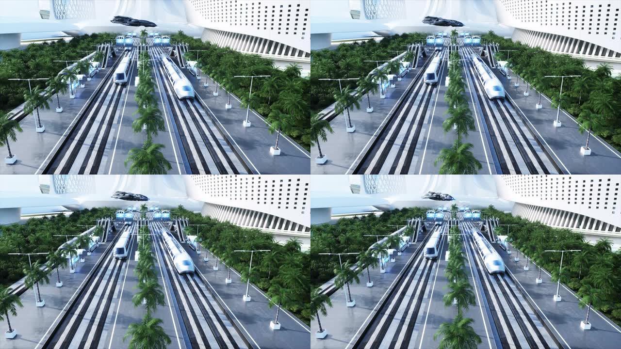 科幻铁路未来派车站。未来概念。Dinamyc树。。鸟瞰图逼真4k动画