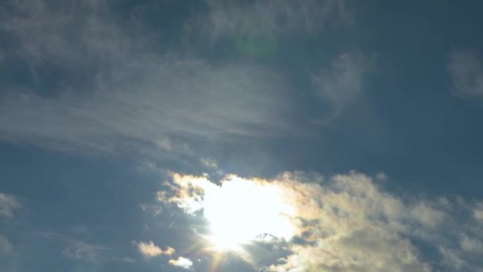 用镜头耀斑和飞鸟在蓝天上平移，用云彩对着太阳
