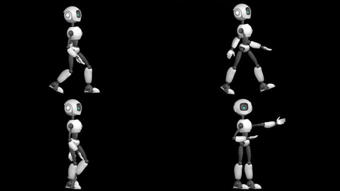 一个人形机器人走路，用手指着什么东西。2D动画。阿尔法通道。隔离在透明背景上