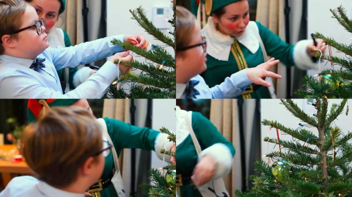 男孩装饰树妈妈精灵服装准备圣诞节制作节日道具