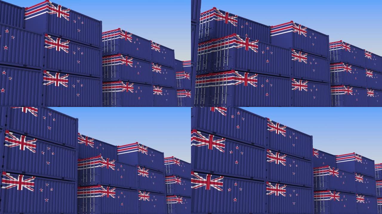 装满新西兰国旗集装箱的集装箱堆场。导出或导入相关的可循环3D动画