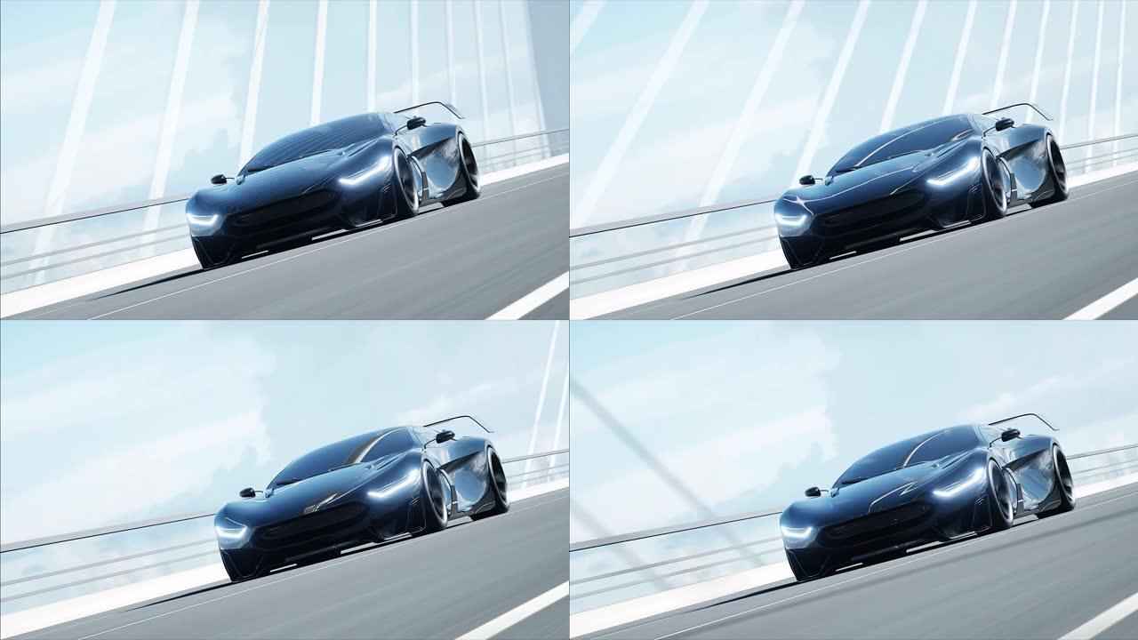 桥上黑色未来派汽车的3d模型。非常快的驾驶。未来的概念。逼真的4k动画。