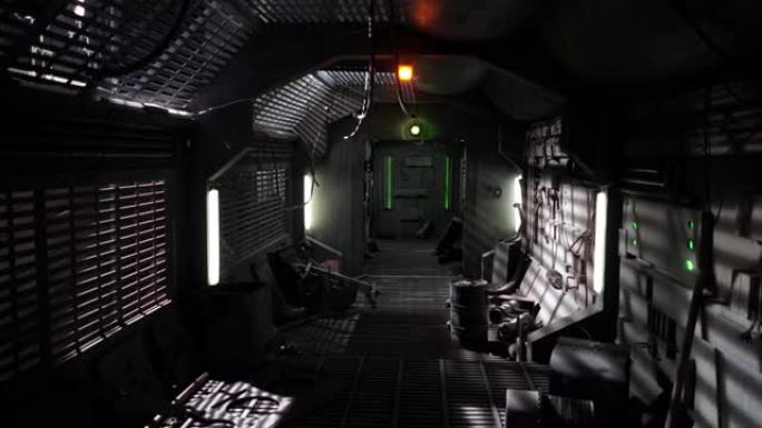 科幻宇宙飞船上的工业内部走廊。