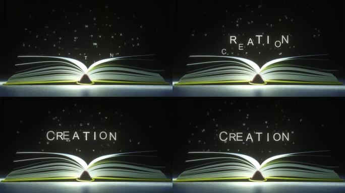 由打开的书中的发光字母组成的创作说明。3D动画