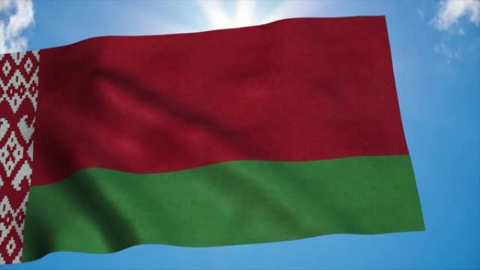 白俄罗斯国旗在风中飘扬，蓝天为背景。4 k