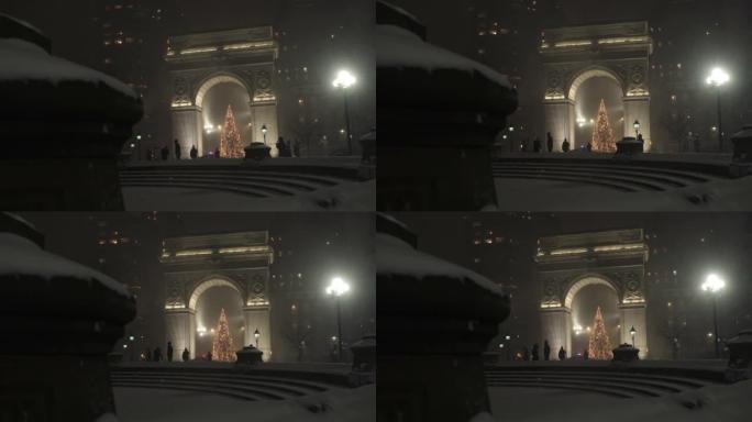 傍晚大雪中的华盛顿广场公园