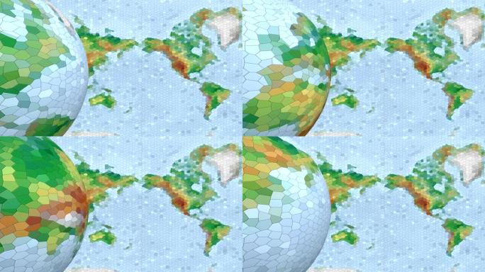 具有低多边形图像的地球仪在3D空间中旋转