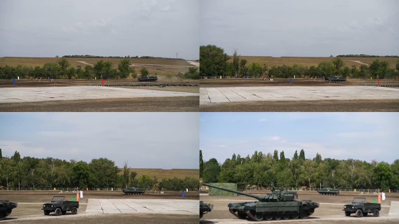 在萨姆贝克高地训练场，BMP上的士兵一边从跳板上跳下来，一边用机枪射击