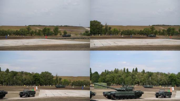 在萨姆贝克高地训练场，BMP上的士兵一边从跳板上跳下来，一边用机枪射击