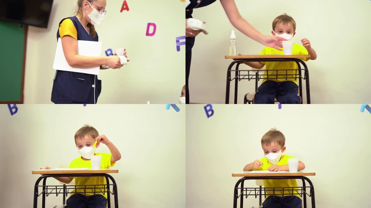 老师给小男孩消毒学校用品。
