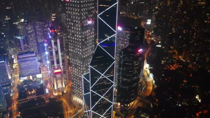 夜间照明香港市区空中全景4k