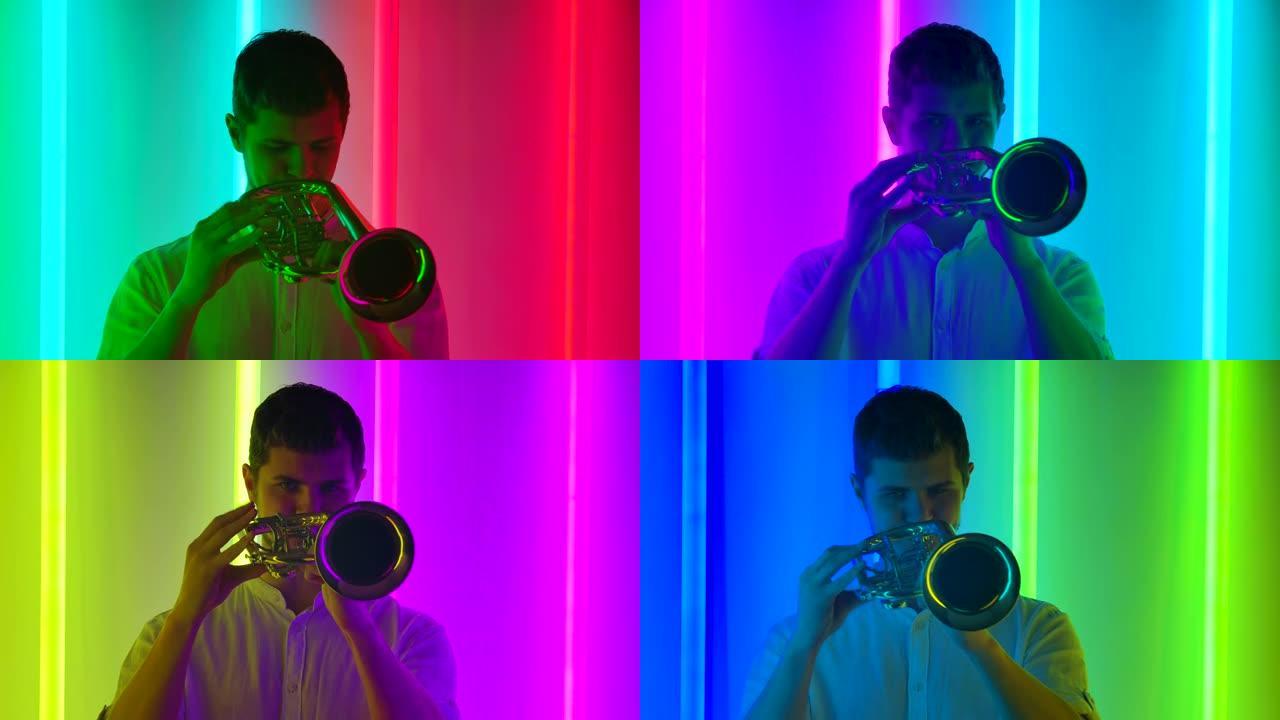 专业小号手的爵士独奏表演。一个穿着白衬衫的男人在明亮的霓虹灯的背景下在黑暗的工作室里表演。音乐表演。