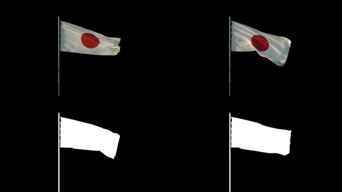 旗杆上的日本国旗在风中挥舞，黑色无缝循环上的逼真3d动画，20秒长 (包括alpha通道)