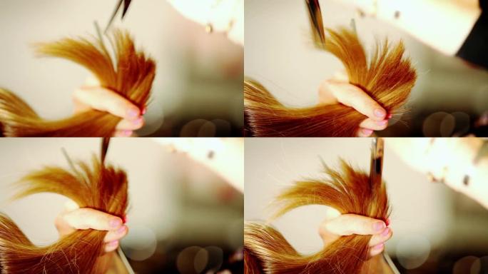 检疫期间的理发: 金发短发上稀疏层的特写
