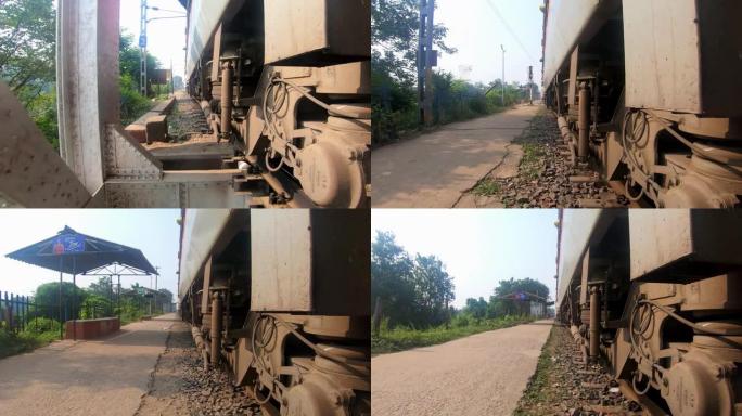 火车运行从不同的独特视角拍摄低角度发动机视图