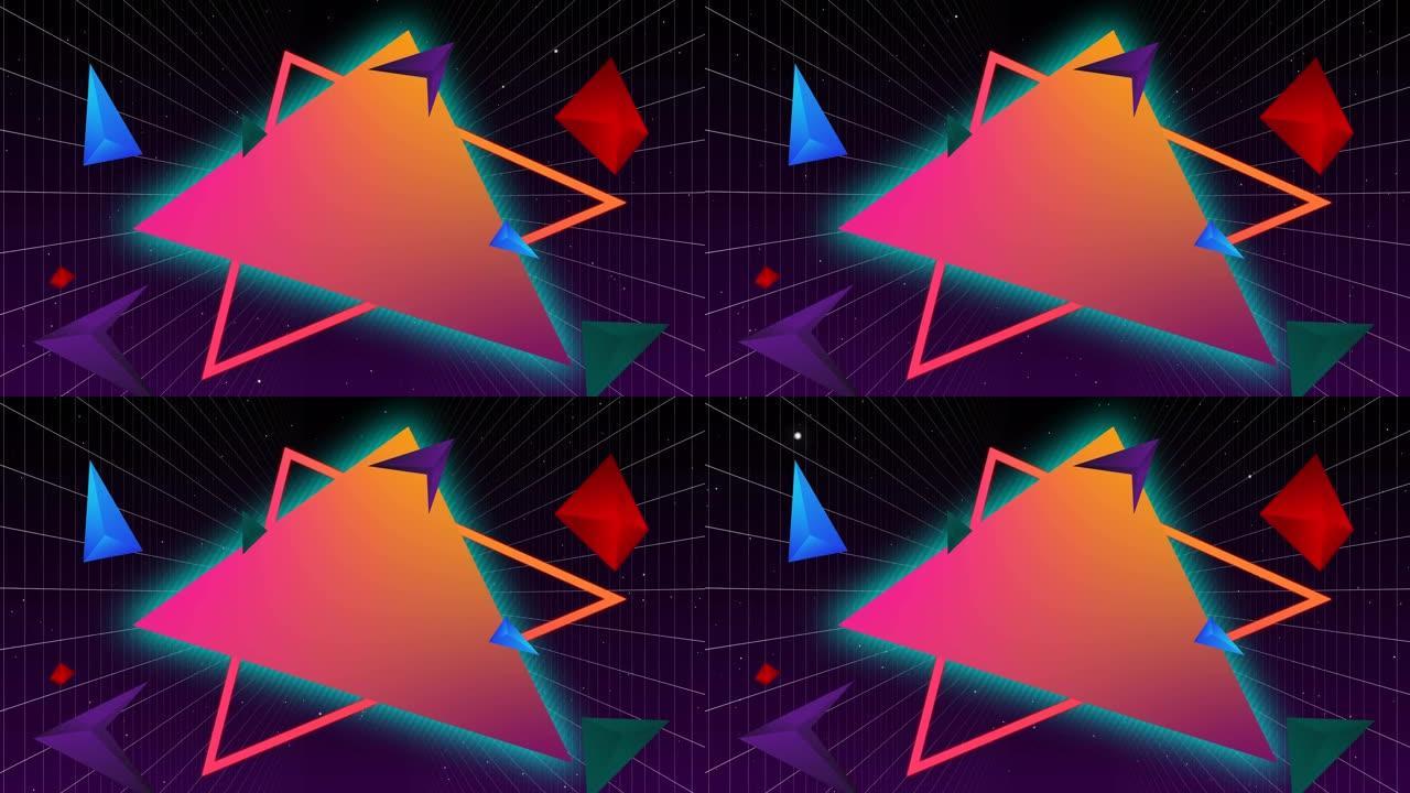 霓虹三角形状和彩色三角形形状对网格线移动的数字动画