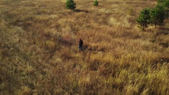 秋天在荒凉的地方上孤独女人的鸟瞰图。女性独自在乡村的干草地面上行走的鸟瞰图