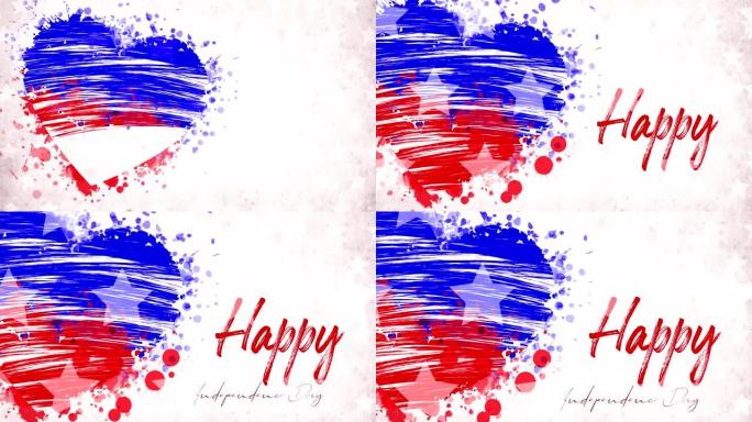 动画。白色背景上的蓝色-红色心形，红色字母题词独立日快乐。美国国家假日横幅、贺卡、邀请函、海报、传单