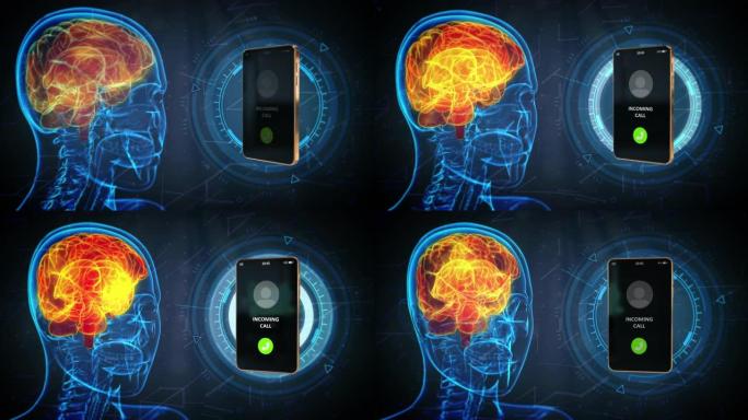 4K 60 fps 3D动画-x光人头移动与铃声来电手机，大脑伤害移动网络概念