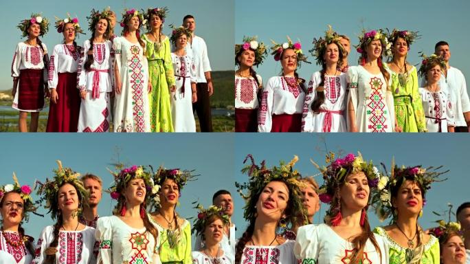 一群穿着民间服装和刺绣服装的美丽斯拉夫男女在大自然中歌唱歌曲。妇女头上的花圈，斯拉夫民族的传统和习俗