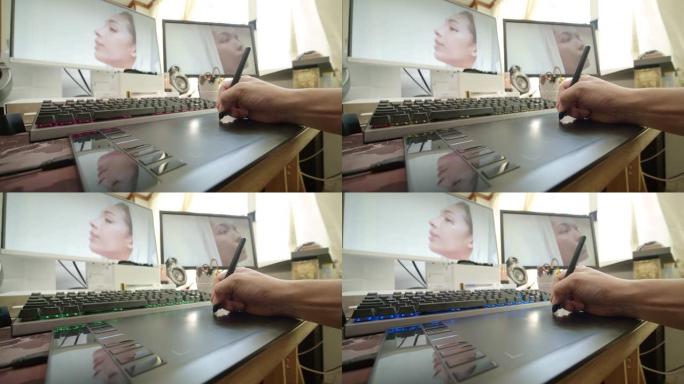 润饰器用手写笔在平板电脑上修饰女人的脸