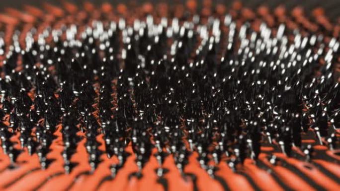 宏观的烧焦橙色金属磁性铁磁流体，视觉效果看起来像液态金属。科幻、科学、游戏玩家和VJ背景。