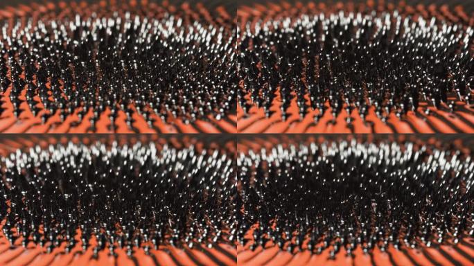 宏观的烧焦橙色金属磁性铁磁流体，视觉效果看起来像液态金属。科幻、科学、游戏玩家和VJ背景。
