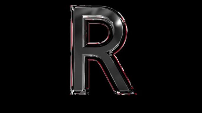实心玻璃字体或字母红色轮廓和移动反射，用于在您的珠宝或宝石概念视频中组成的单词-字母R隔离在黑色背景