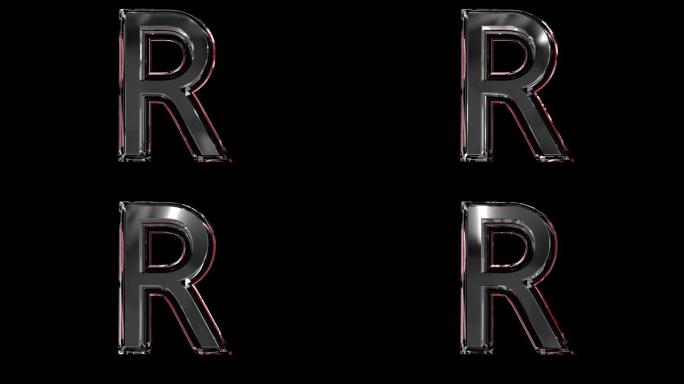 实心玻璃字体或字母红色轮廓和移动反射，用于在您的珠宝或宝石概念视频中组成的单词-字母R隔离在黑色背景