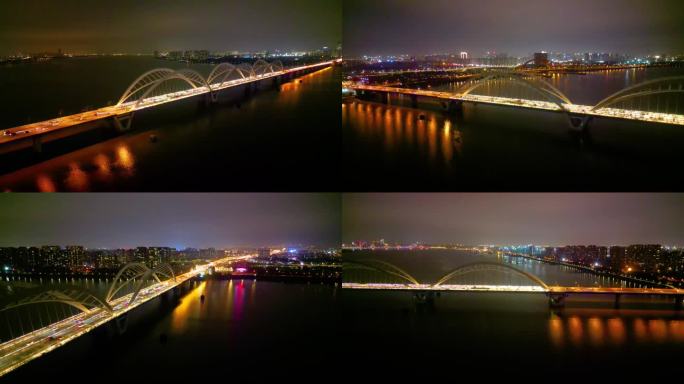 杭州钱塘江九堡大桥夜景航拍