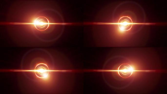 4k抽象中心闪烁耀斑光背景与光晕效果循环。动画美丽的光圈透镜耀斑与旋转发光环。光环在附近。火花粒子。