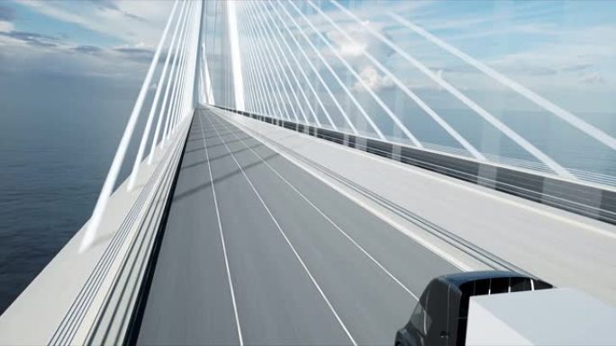 桥上未来派电动卡车的3d模型。电动汽车。逼真的4k动画。