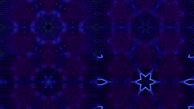 4k循环科幻3d背景与辉光蓝色粒子形成线，表面，复杂的对称结构，如万花筒中的恒星。微世界或纳米技术的